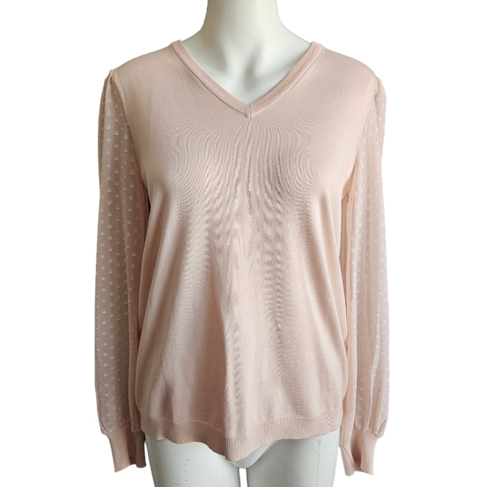 Adrianna Papell V-neck Clip Dot Chiffon Sleeve Sweater Top Sz Small